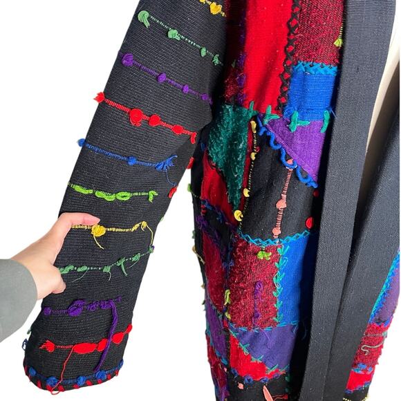 RARE! Vintage 90s COOGI Mens S Woven 3D Sweater Coat Long Duster Cardigan Black - Picture 5 of 16